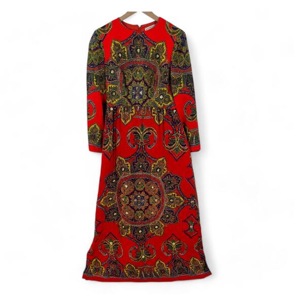 Vintage Lord & Taylor Bohemian Maxi Dress Red Paisley Print Long Sleeve - Picture 1 of 11